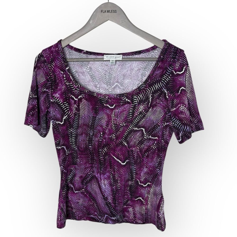 St. John Sport Purple Soft Stretch Printed Top with Stud Collar Detail Sz Small